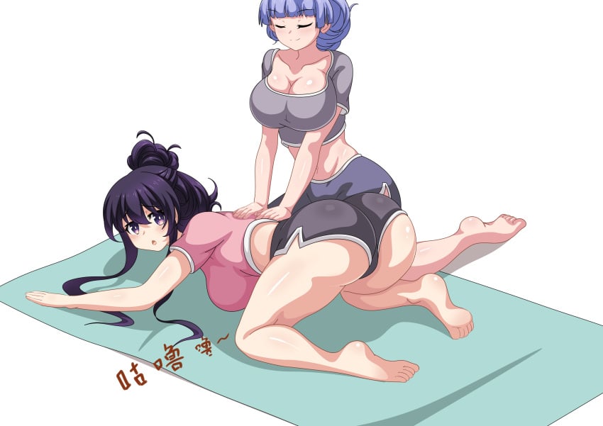 2d 2d_(artwork) 2girls ass ass_focus big_ass big_breasts breasts closed_eyes clothed date_a_live feet female_only grey_hair izayoi_miku jpeg korean_text light-skinned_female long_hair purple_hair shirt shorts text thighs tied_hair yatogami_hebikura yatogami_tohka yoga