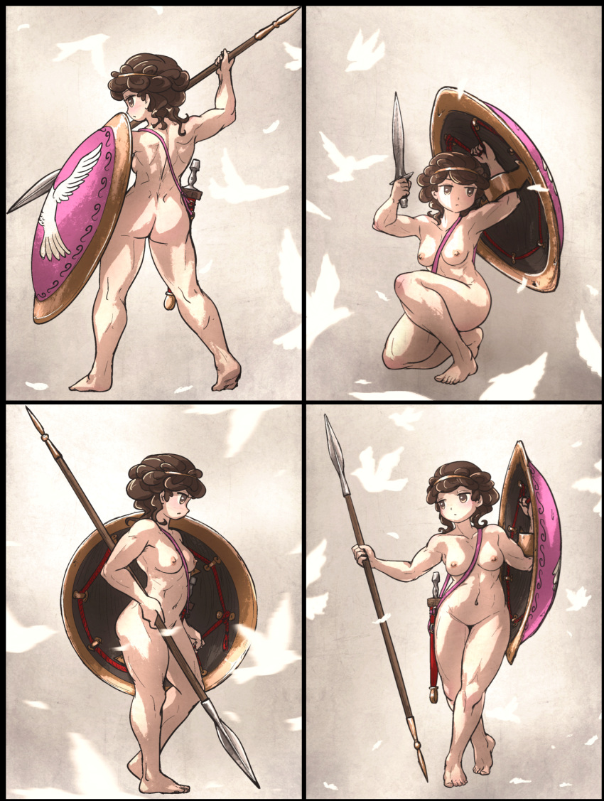 1girls ass barefoot breasts female ironlily nude shield spear tagme toned vanishlily