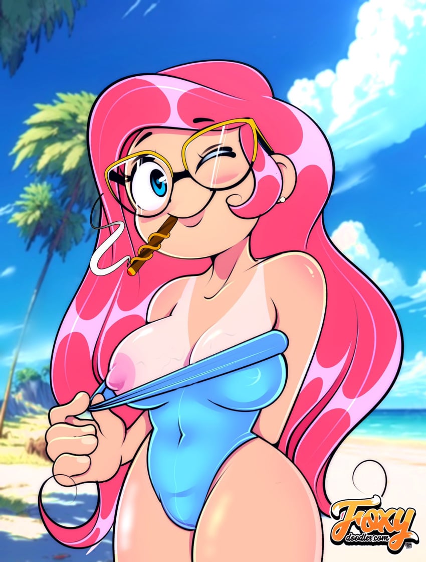 ariel ariel_(the_little_mermaid) beach breasts cigarette cigarette_in_mouth cigarette_smoke disney disney_princess flashing flashing_breasts foxnbox glasses nipples one-piece_swimsuit pulling_swimsuit swimsuit swimsuit_aside swimsuit_pull swimwear tan_line tanline tanlines the_little_mermaid