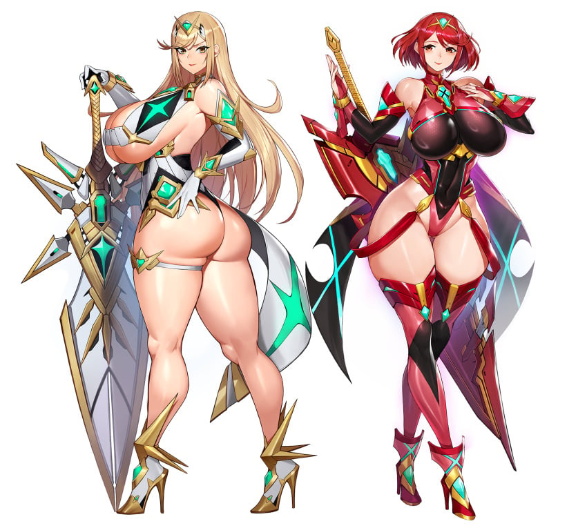 1:1 1:1_aspect_ratio 2girls alternate_ass_size alternate_breast_size armwear ass big_ass big_breasts big_thighs bimbo bimbofied blonde_hair blush breasts breasts_bigger_than_head core_crystal curvy female female_only footwear from_behind full_body gigantic_breasts gurimjang hair hair_ornament heels high_heels high_resolution highres hips holding_sword holding_weapon huge_ass huge_breasts huge_hips huge_thighs impossible_clothes impractical_armor impractical_clothing large_ass large_breasts large_thighs legwear light-skinned light-skinned_female lips looking_at_viewer looking_back looking_back_at_viewer mythra pyra red_eyes red_hair red_head short_hair skimpy skimpy_clothes smile stiletto_heels sword thick_thighs thighhighs thighs thong very_high_heels weapon white_background white_thighhighs wide_hips xenoblade_(series) xenoblade_chronicles_2