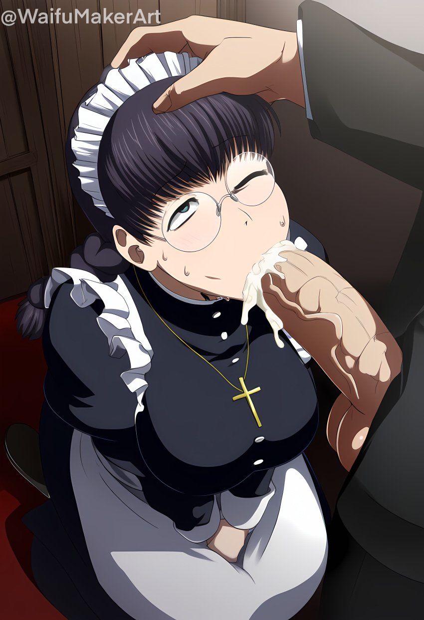 1boy 1boy1girl 1girls ai_generated assisted_fellatio black_lagoon blowjob cleavage cock cum cum_drip cum_in_mouth cum_inside fellatio female glasses hand_on_head hi_res high_resolution highres huge_cock kneeling looking_up maid male male/female oral oral_sex penis roberta_cisneros short_shorts testicles veiny_penis waifumakerart