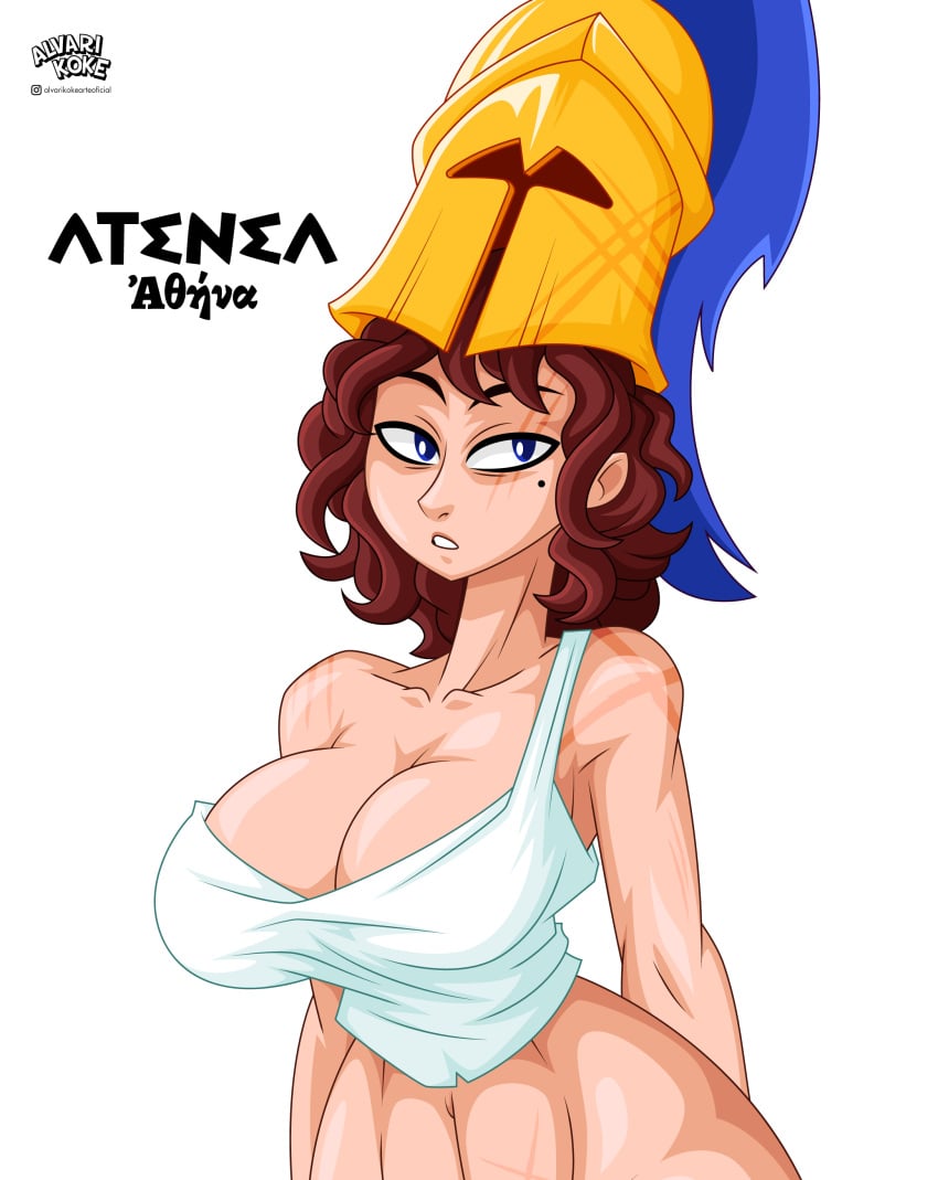 1girls 2024 alvarikokearte artist_logo artist_name athena big_breasts blue_eyes breasts brown_hair cleavage collarbone deity english_text european_mythology goddess greek_mythology large_breasts mythology public_domain revealing_clothes scar