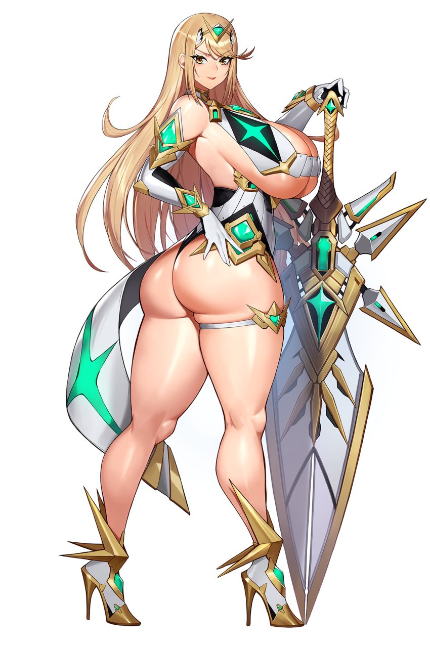 1girls alternate_ass_size alternate_breast_size ass big_ass big_breasts big_thighs blonde_hair blush breasts breasts_bigger_than_head curvy female female_only female_solo from_behind gurimjang high_heels holding_sword holding_weapon huge_ass huge_breasts impractical_armor impractical_clothing large_ass large_breasts large_thighs leotard light-skinned light-skinned_female looking_at_viewer looking_back looking_back_at_viewer mythra skimpy skimpy_clothes solo solo_female stiletto_heels sword thick_thighs thighs very_high_heels weapon xenoblade_(series) xenoblade_chronicles_2