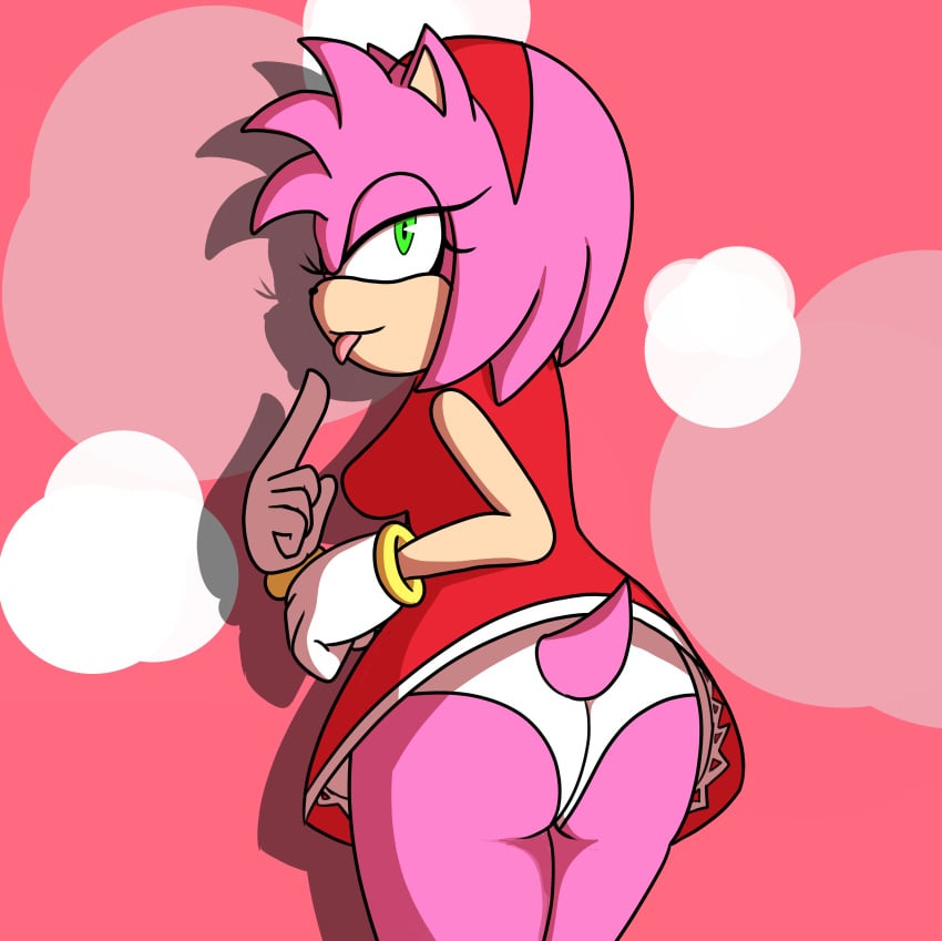 1girl amy_rose ass clothed confidentartist hedgehog hedgehog_girl panties red_dress smug smug_face sonic_(series) sonic_the_hedgehog_(series) tongue tongue_out white_panties