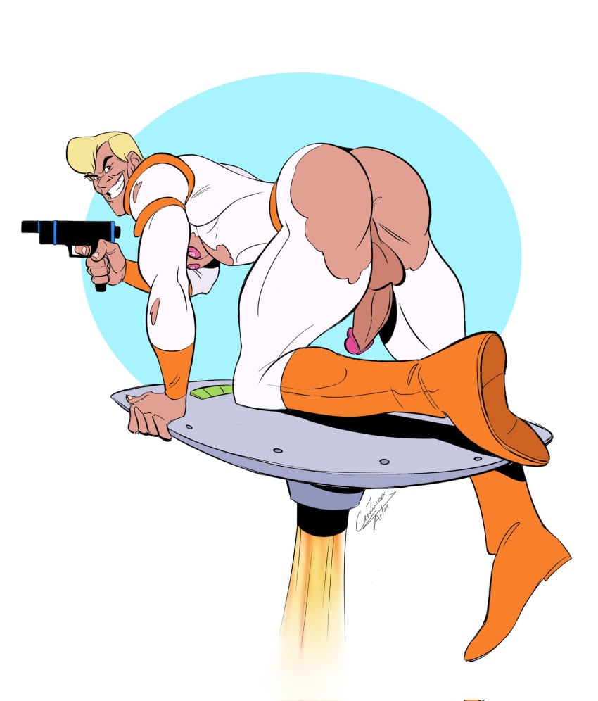 1boy ass_focus ass_out assless_chaps assless_pants balls big_ass big_butt big_chest big_dick big_nipples big_pecs big_penis blonde_hair blonde_hair bubble_butt busty centurioxart gun male male_only solo solo_male