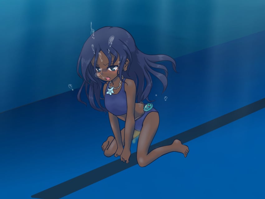 breathing_underwater dark-skinned_female feet mi'ara mudada_muda_(artist) omorashi original pee_cloud peeing peeing_in_pool peeing_self peeing_underwater stopwatch swimming_pool swimming_trunks swimsuit swimwear underwater underwater_breathing urine urine_cloud urine_mist urine_stream