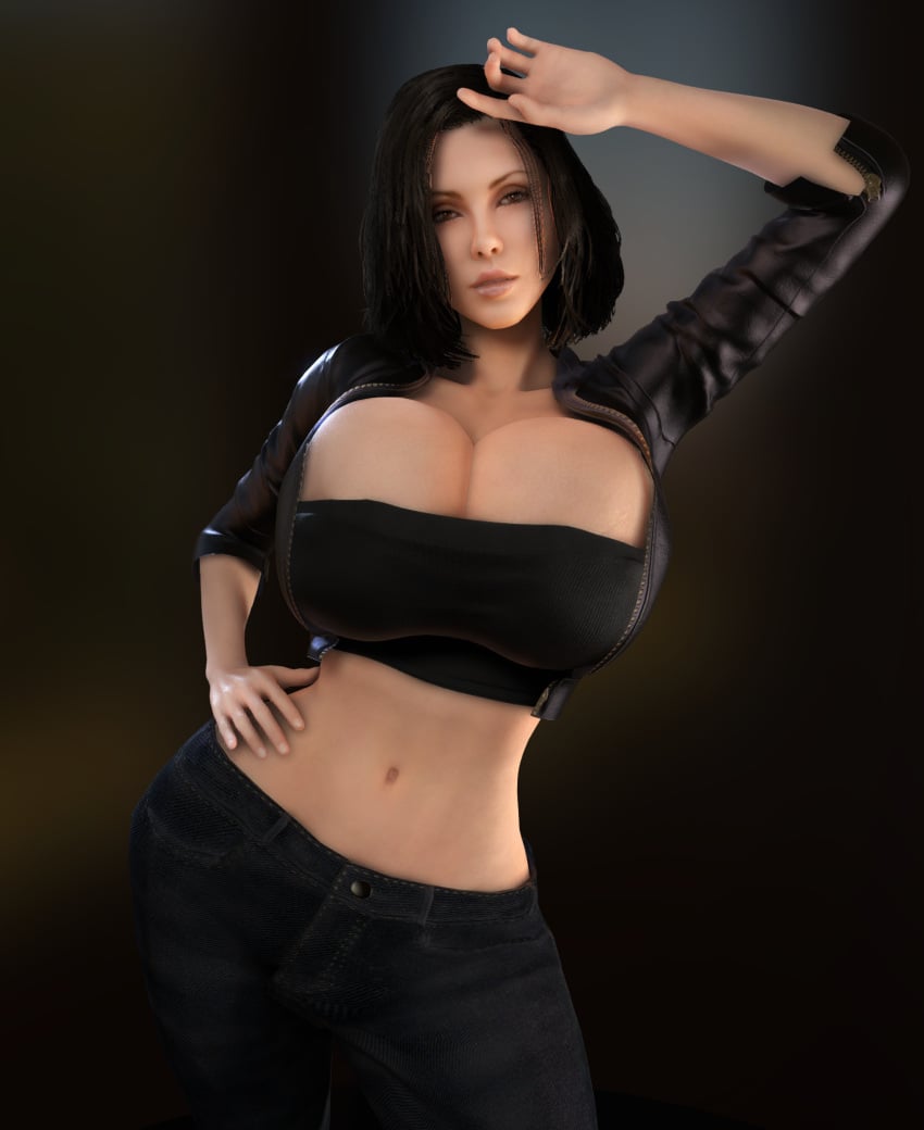 1girls 3d 3d_(artwork) alternate_breast_size asymmetrical_hair big_hips black_hair black_jeans black_pants breasts_bigger_than_head breasts_bigger_than_torso cleavage clothed clothed_female cropped_jacket enormous_breasts female female_only female_solo gigantic_breasts hand_on_head hand_on_hip hand_on_own_head hand_on_own_hip hips hourglass_figure huge_breasts huge_hips jacket jacket_open jeans kate_beckinsale large_hips looking_at_viewer massive_breasts midriff open_clothes open_jacket pants selene_(underworld) short_jacket slim_waist small_waist solo_female thighs thin_waist top_heavy tube_top tubetop underworld unzipped unzipped_jacket upper_body vaako vampire vampire_girl wide_hips