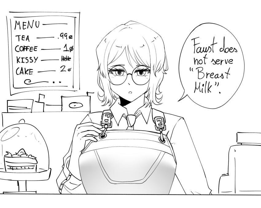 :| apron barista big_breasts black_and_white breasts cafe cake english_text faust_(limbus_company) glasses limbus_company lineart medium_hair no_color project_moon round_glasses tangentrina