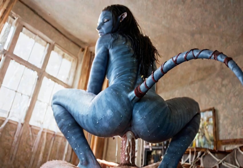 1boys 1girl ai_generated alien alien/human alien_girl avatar avatar:_the_way_of_water black_hair blue_body blue_skin cum cum_in_pussy cum_inside cumdrip from_behind interspecies long_hair na'vi neytiri riding_penis sex tail thanosdonginspector view_from_behind