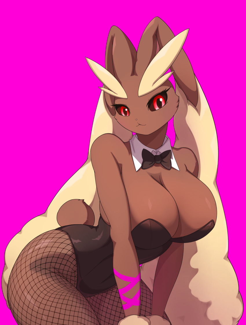 1girls anthro big_breasts black_sclera bunnysuit cleavage detached_collar female female_only fishnet_pantyhose fishnets generation_4_pokemon hi_res looking_at_viewer lopunny neck_ribbon nintendo pink_background pokemon pokemon_(species) red_eyes simple_background smiling smiling_at_viewer solo son2j