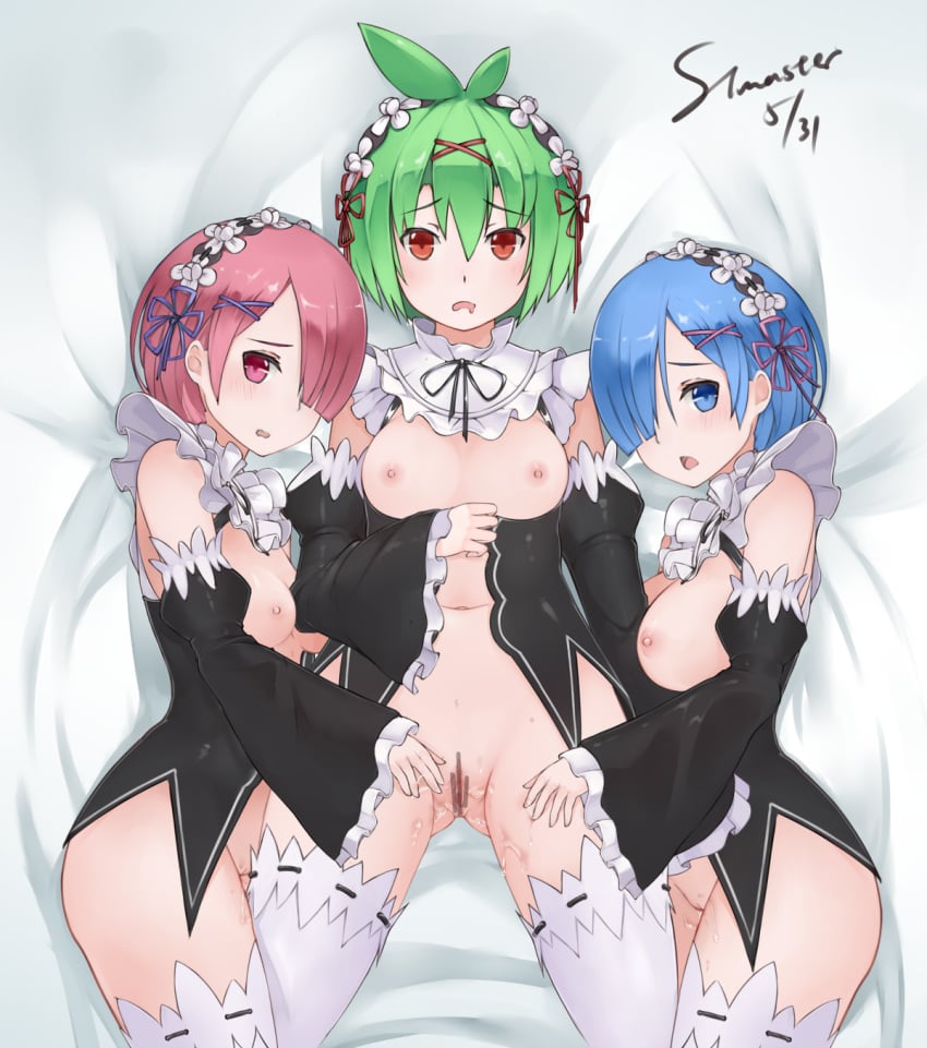 3girls ass_visible_through_thighs blue_eyes blue_hair blue_ribbon blush breasts censored character_request detached_sleeves drooling frilled_sleeves frills green_hair hair_ornament hair_over_one_eye highres looking_at_viewer lying maid maid_headdress multiple_girls nipples on_back open_mouth pink_eyes pink_hair pink_ribbon pussy pussy_juice ram_(re:zero) re:zero_kara_hajimeru_isekai_seikatsu red_eyes rem_(re:zero) ribbon short_hair siblings sisters stmaster thighhighs twins wide_sleeves x_hair_ornament