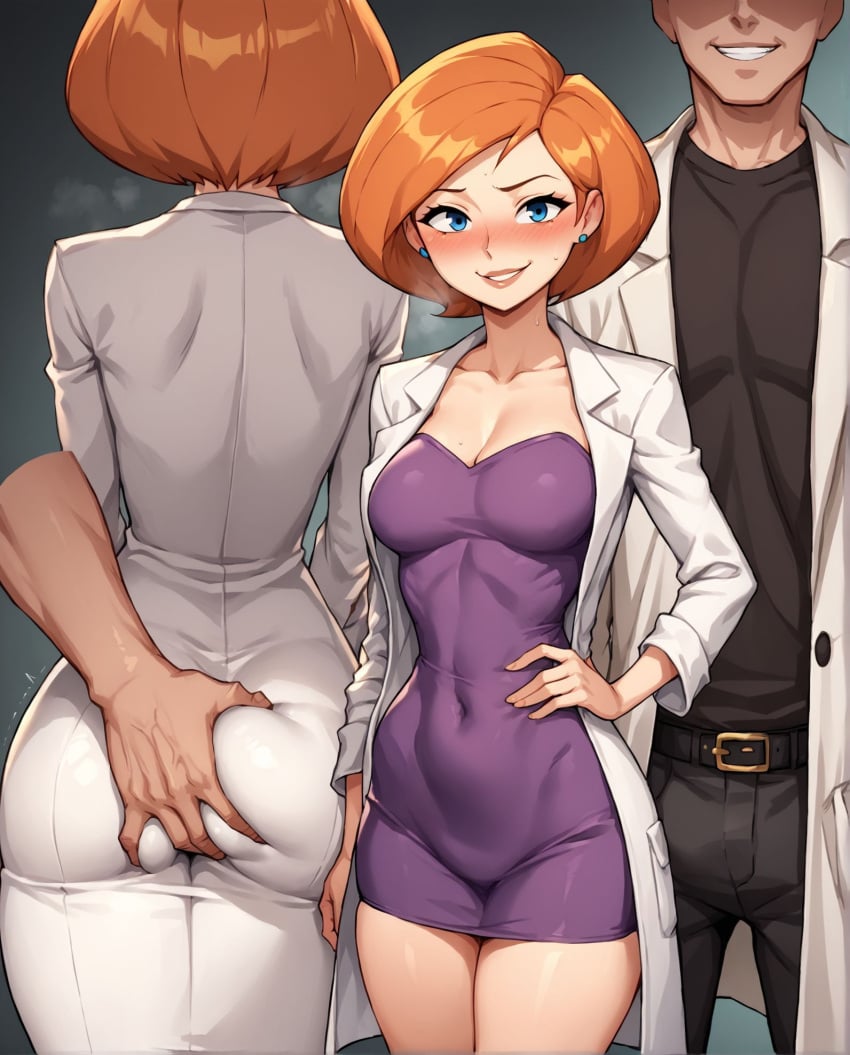 1boy 1girls ai_generated ann_possible dress grin grope_from_behind groping_ass imminent_sex kim_possible lab_coat male netorare notreallyhere purple_dress smile smile_at_viewer stealth_ass_grab stealth_fingering