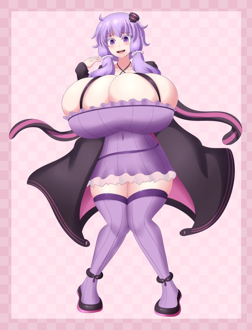 1girls alternate_breast_size blush breast_expansion breasts breasts_bigger_than_head bursting_breasts cleavage female female_only gigantic_breasts huge_breasts jcdr open_mouth purple_eyes purple_hair short_hair short_hair_with_long_locks smile solo solo_female thick_thighs thighhighs top_heavy vocaloid voiceroid yuzuki_yukari