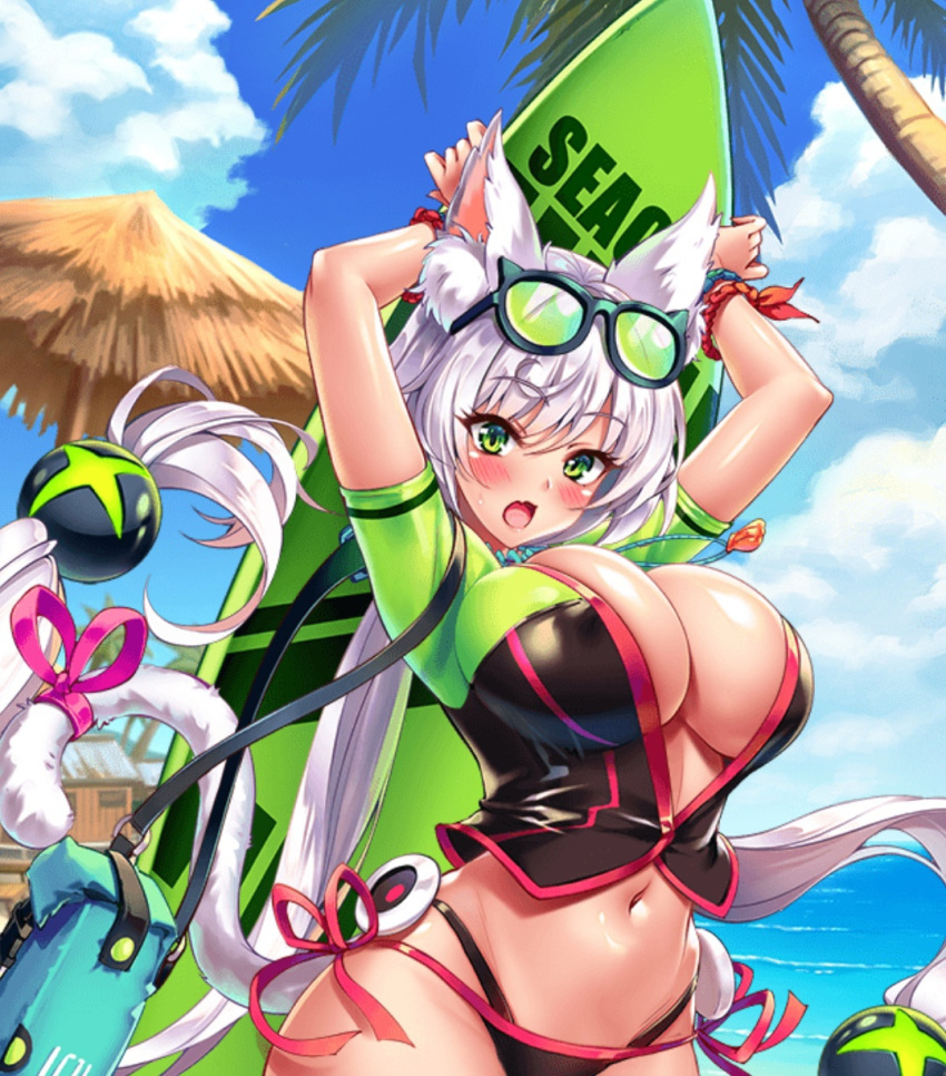 alizee_(project_qt) cat_ears cat_tail catgirl huge_breasts looking_at_viewer nutaku pov project_qt shocked swimsuits swimwear tight_clothing twintails white_hair