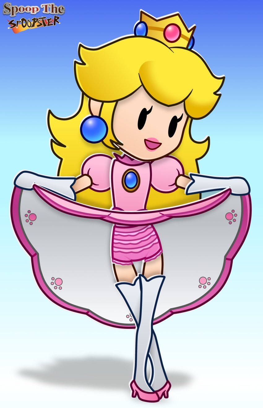 1girls blonde_hair bloomers_(victorian) crossed_legs dot_eyes dress_lift flat_chest frills gloves long_hair mario_(series) nintendo paper_mario paper_mario:_the_thousand-year_door paper_mario:_the_thousand-year_door_(nintendo_switch) paper_peach pink_bloomers pink_dress princess_peach simple_background smile solo standing thigh_gap thighhighs white_gloves