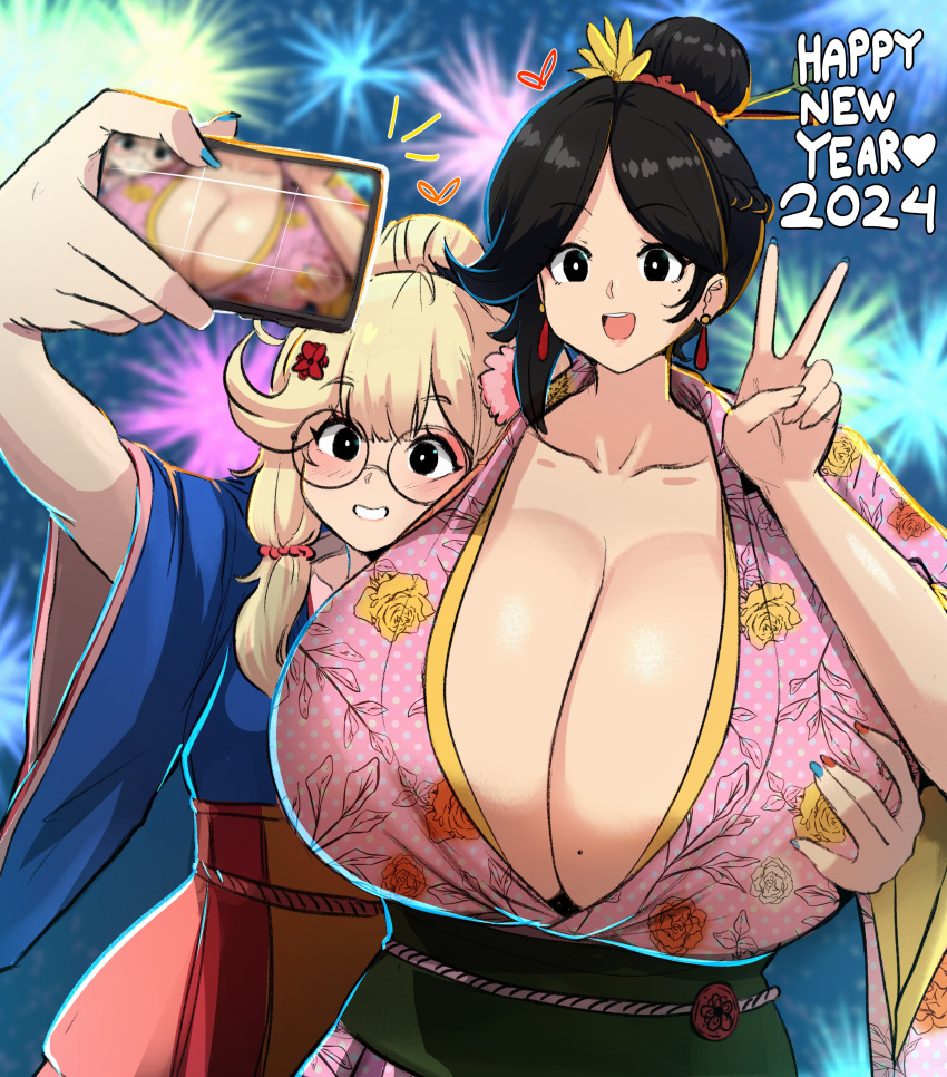 2girls character_request female glasses grabbing_breasts human human_only japanese_clothes massive_breasts miruyuyo new_year original_character phone selfie tagme tagme_(character) twitter_link v_sign