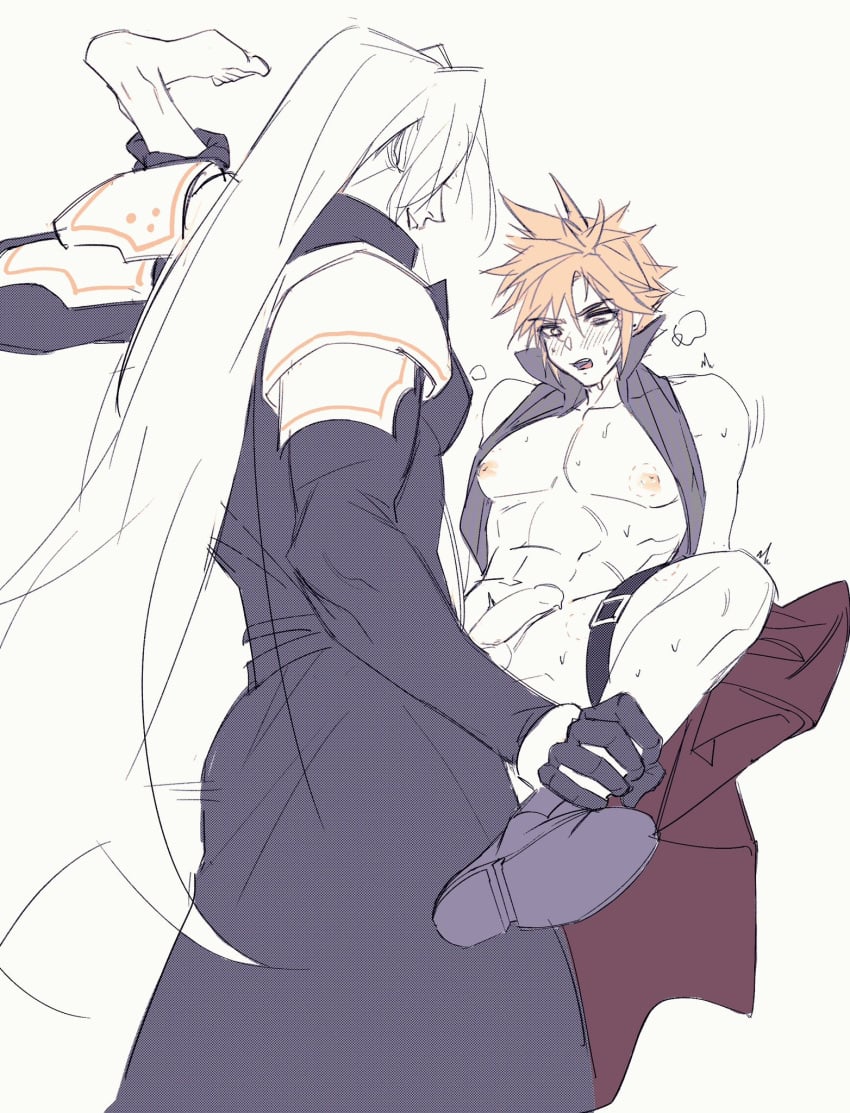 2boys abs anal ankle_grab armor belt bite_mark black_coat black_gloves blonde_hair blue_eyes blush clothed_male_nude_male cloud_strife coat ercqelx8rprduft erection final_fantasy final_fantasy_vii gloves high_collar highres holding legs_up long_coat long_hair long_sleeves looking_down male_focus multiple_boys nipples nude open_mouth pauldrons penis puffy_nipples restrained sephiroth sex short_hair shoulder_armor single_barefoot sleeveless sleeveless_turtleneck smile spiked_hair spread_legs steam sweat testicles thigh_belt thigh_strap toned toned_male turtleneck unzipped wide_spread_legs yaoi