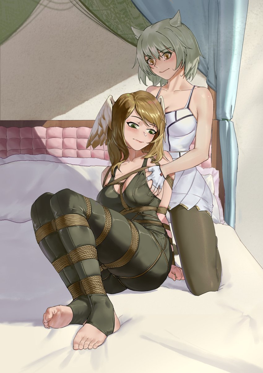 2girls absurd_res arms_behind_back arms_tied arms_tied_behind_back ass bdsm bed bedroom big_ass big_breasts bondage bound bound_ankles bound_arms bound_legs breast_grab breasts brown_hair cat_ears catgirl clothed clothed_female crotch_rope dominant_female eunie_(xenoblade) feathered_wings feet female female/female female_only femdom femsub fingerless_gloves fondling_breast green_eyes hand_on_breast hand_under_clothes head_wings hi_res leggings long_hair mio_(xenoblade) monolith_soft nintendo pantyhose rope rope_between_breasts rope_bondage rope_harness short_hair skin_tight submissive submissive_female taiyi tank_top tights white_hair wings wings_on_head xenoblade_(series) xenoblade_chronicles_3 yellow_eyes yuri