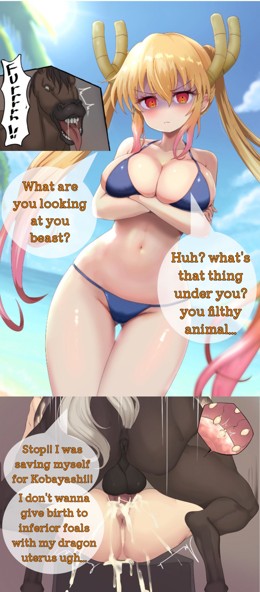 1animal 1boy 1girls 2koma annoyed bikini blonde_hair breasts crossed_arms cum cum_in_pussy cum_inside death_stare dragon dragon_girl dragon_horns edit english_text feral feral_on_female feral_penetrating forced_impregnation horse huge_breasts imminent_sex impregnation instant_loss_2koma kobayashi-san_chi_no_maidragon mating_press orange_eyes ovum rape sex smile sperm sperm_cell sperm_meets_ovum swimsuit text text_bubble tohru_(dragon_maid) twintails two_tone_hair unwanted_creampie unwanted_cum_inside unwanted_cumshot unwanted_impregnation very_long_hair zoophilia