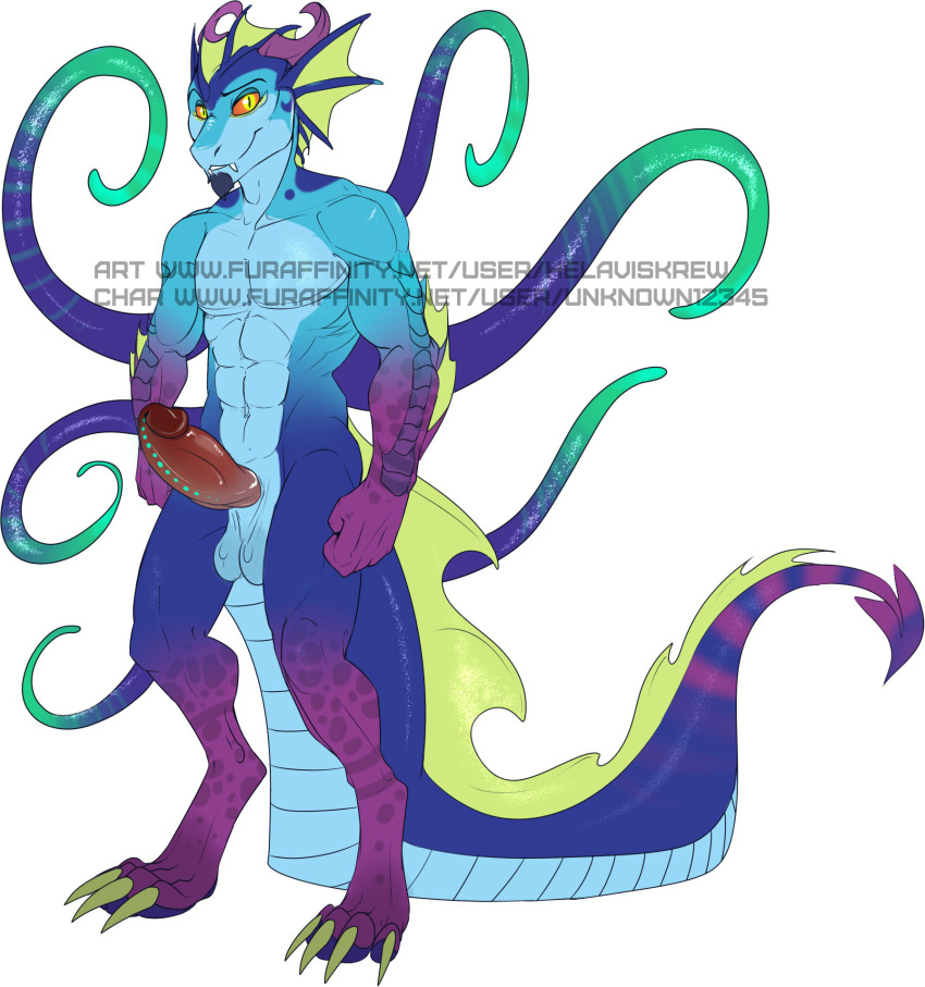 1boy abs bioluminescence canine dragon erection fin helaviskrew looking_at_viewer male male_only mammal model_sheet monster penis scalie solo tentacle testicles text url watermark