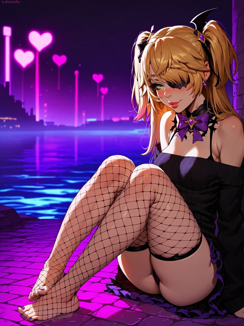 absurd_res ai_generated bra breasts feet female fischl_(genshin_impact) fishnets genshin_impact ministro neon_lights night no_shoes parted_lips shirt sitting solo thighhighs thighs