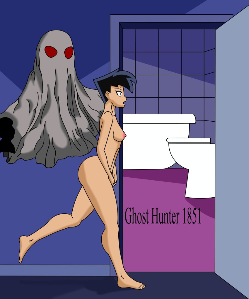 1boy bare_arms bare_ass bare_legs bare_shoulders bare_thighs barefoot bathroom black_hair blue_eyes bubble_ass bubble_butt commentary_request danny_fenton danny_phantom exhibition exhibitionism exhibitionist ghost ghosthunter1851(artist) hallway nickelodeon nicktoons nude nude_male round_ass round_butt rule_63 running