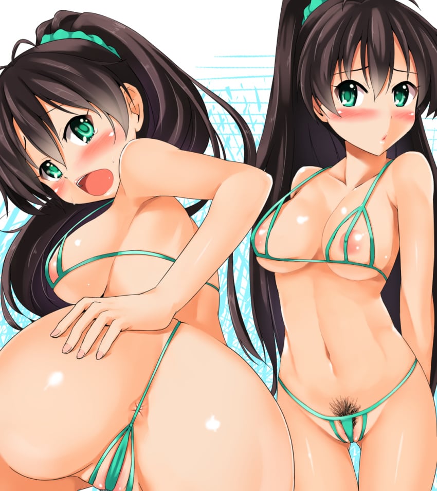 antenna_hair anus areolae ass bikini black_hair blush breasts embarrassed female fingernails ganaha_hibiki green_eyes hair_ornament hair_scrunchie highres idolmaster large_breasts long_hair looking_at_viewer looking_back minase_nagi open_mouth ponytail pubic_hair pubic_hair_peek scrunchie solo sweat swimsuit tears tied_hair