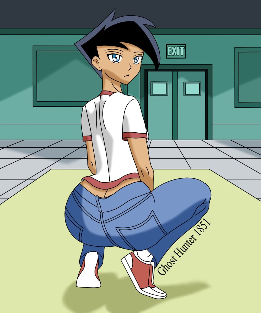 1boy androgynous ass ass_focus black_hair blue_eyes bubble_ass bubble_butt danny_fenton danny_phantom ghosthunter1851(artist) huge_ass huge_butt jeans looking_back male nickelodeon nicktoons round_ass round_butt short_hair skin_tight sneakers squatting trap