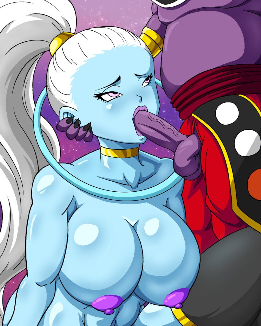 angel big_breasts big_penis blowjob blue_skin champa choker dragon_ball dragon_ball_super eye_contact halo huge_breasts nipples ponytail purple_eyes purple_skin stockings superspacewarrior vados white_hair