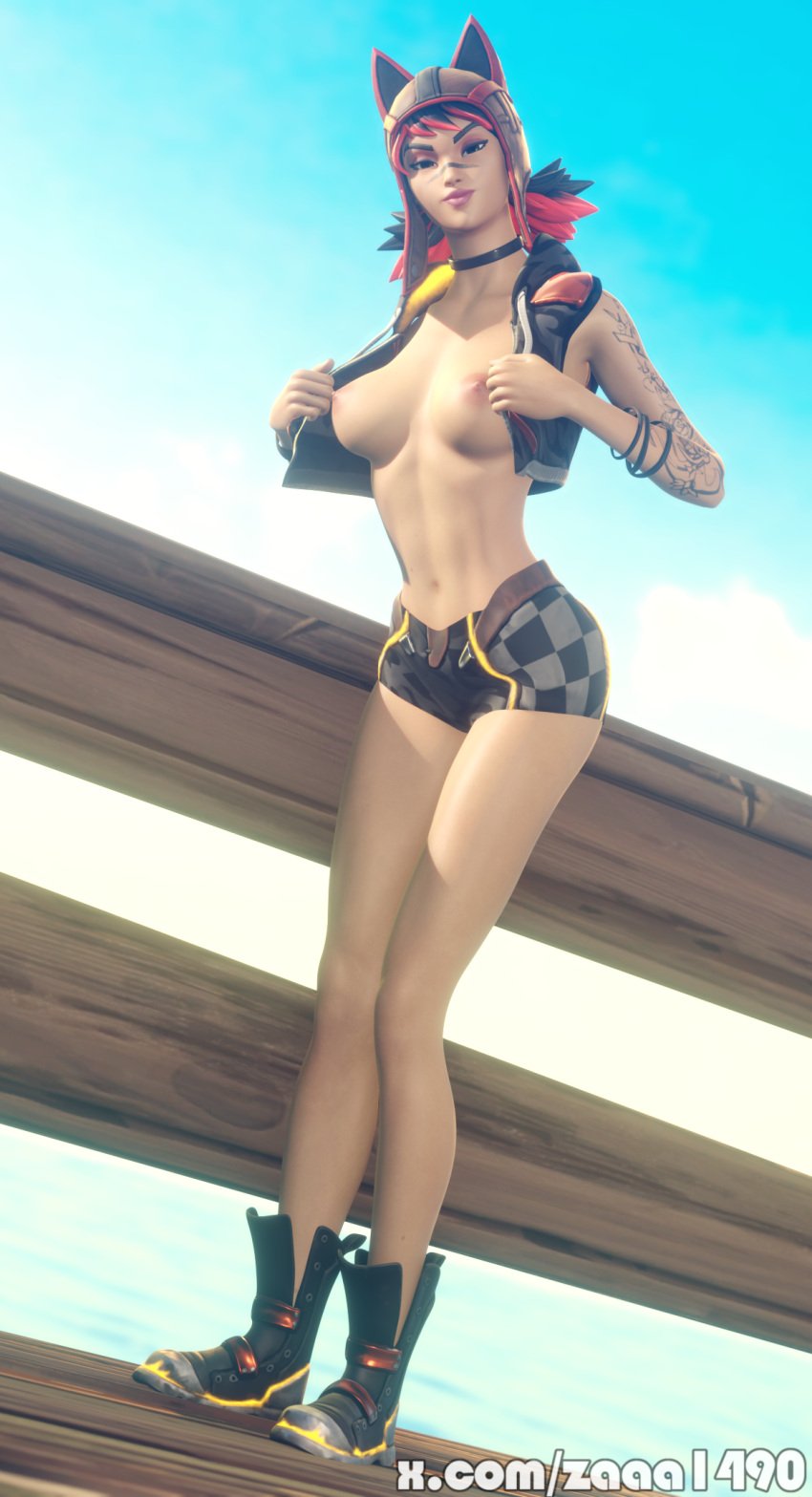 1girls 3d blender_(software) breasts choker female female_only flashing flashing_breasts fortnite fortnite:_battle_royale looking_at_viewer nipples pose posing_for_the_viewer renegade_lynx short_shorts tattoo zaaa1490