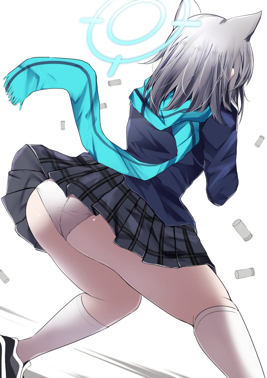 absurdres animal_ears ass ass_focus black_footwear black_skirt blue_archive blue_scarf extra_ears female from_behind goddess_of_victory:_nikke grey_hair halo highres kneehighs kokihanada meme nikke's_shooting_pose_(meme) panties parody scarf school_uniform shell_casing shiroko_(blue_archive) shoes simple_background skirt socks solo underwear upskirt white_background white_panties white_socks wolf_ears