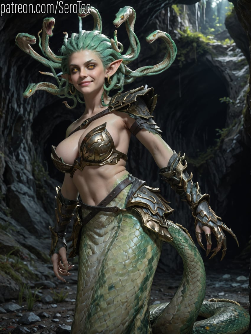 1female 1girls 2d ai_generated big_breasts bloodwrack_medusa dark_elf detailed_female druchii elf elf_ears evil female girl green_hair hi_res high_resolution highres medusa monster_girl pointy_ears pony_diffusion_xltasy serotec shoulder_armor slit_pupils snake_girl snake_hair snake_tail total_war:_warhammer warhammer_(franchise) warhammer_fantasy yellow_eyes