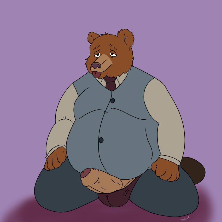 1:1 2024 absurd_res anthro bear belly big_belly bottomwear clothing denki404 father_bear genitals hi_res male mammal necktie overweight overweight_male pants penis shirt simple_background solo tongue tongue_out topwear underwear