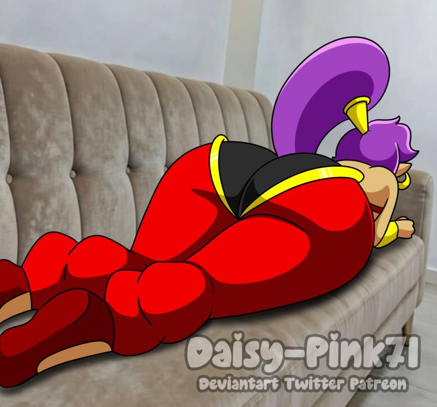1girls 2d 2d_(artwork) ass ass_focus belly_dancer belly_dancer_outfit big_ass big_butt black_panties butt butt_focus clothed clothed_female couch couch_meme daisy-pink71 female female_only fully_clothed genie genie_girl half_genie harem_pants huge_ass huge_butt jewelry laying_on_couch pointy_ears purple_hair shantae shantae_(character) thick_ass thick_butt thick_thighs thighs wayforward wide_hips