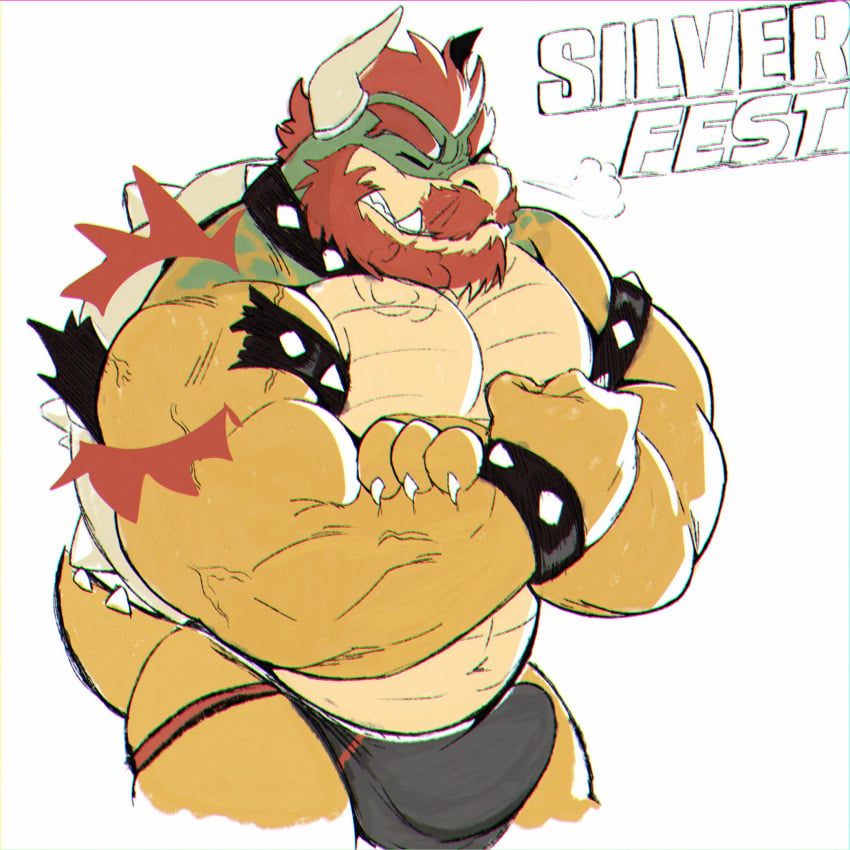 1boy anthro armlet artist_name beard biceps bowser bracelet bulge claws clenched_teeth closed_eyes collar commentary covered_testicles erection erection_under_clothes facial_hair fangs furry furry_male furry_only highres horns jewelry koopa male male_focus male_only mario_(series) muscular muscular_male nintendo pectorals plump puff_of_air red_hair reptile scalie silver_fest spiked_armlet spiked_bracelet spiked_collar spiked_shell spiked_tail spikes tail teeth untranslatable_commentary veins veiny_arms white_background yellow_skin