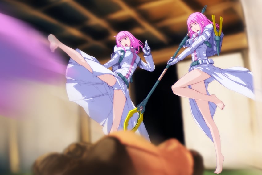 2girls 3:2 3girls androgynous bare_legs barefoot battle belt breasts brown_hair claws clone coat feet female female_only gloves honoka_en honoka_ren house hunting iracco jacket kicking legs long_hair looking_away looking_down martial_arts medium_breasts midorikawa_yuhata multiple_girls open_mouth panchira panties pink_eyes pink_hair room science_fiction shinatose_izana shiny shiny_skin siblings sidonia_no_kishi sisters sleeping soles spoilers staff twins unconscious underwear uniform weapon white_panties