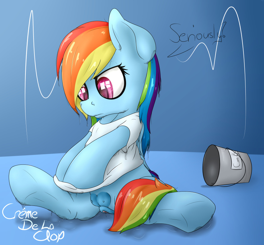 absurd_res bucket clitoris clothing cremedelaclop_(artist) equine female friendship_is_magic hair hi_res hooves horse mammal my_little_pony pegasus pony pussy rainbow_dash_(mlp) shirt solo spread_legs spreading straight_hair water wet wet_mane wings