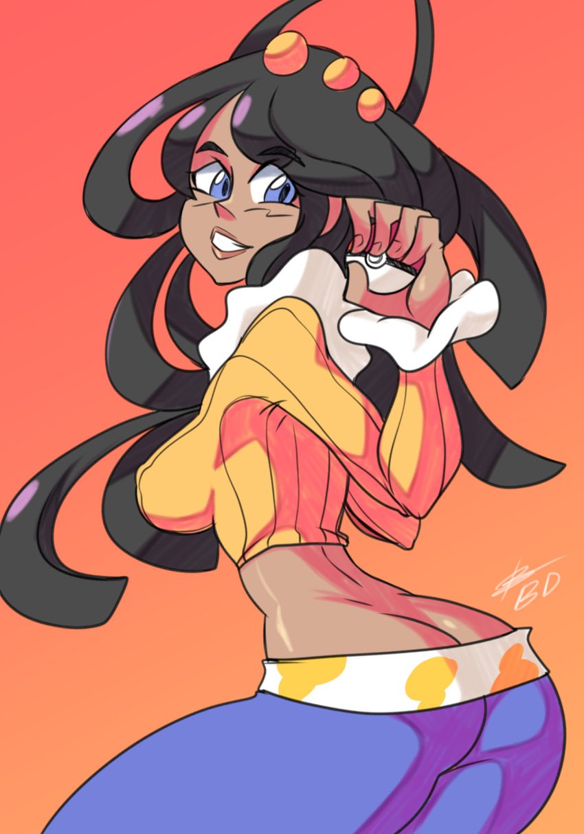 ass bigdeadalive black_hair blue_eyes breasts butt_crack dahlia_(pokemon) dark-skinned_female dark_skin female human human_only latina long_hair nintendo poke_ball pokemon pokemon_dppt smile