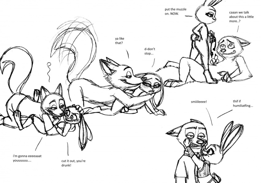 anthro bernielover black_and_white blush canine clothing comic disney female flat_chest fox judy_hopps lagomorph male mammal monochrome nick_wilde rabbit sex size_difference sketch smile text zootopia