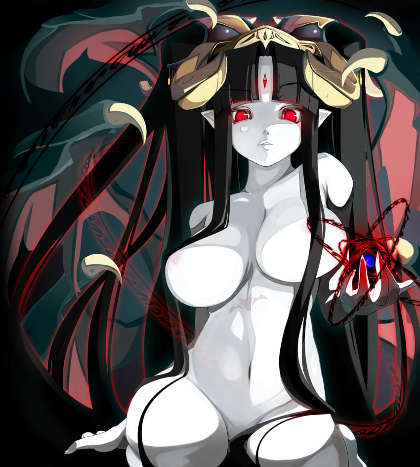 3_eyes aura black_hair breasts censored convenient_censoring demon_girl demon_wings female glowing hair_ornament hair_over_breasts horns kneeling large_breasts long_hair looking_at_viewer magic_circle monster_girl multi_eye navel nude official_art pale_skin parted_lips personification pointy_ears pure_white_devil_(succubus_prison) red_eyes shiki_(psychedelic_g2) sitting solo succubus succubus_horns succubus_prison succubus_wings tattoo very_long_hair wings