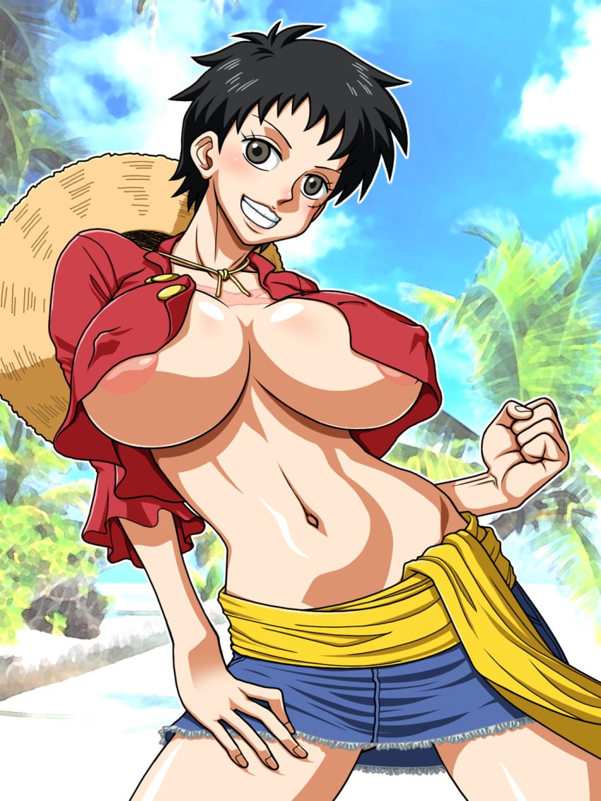 1girls areola big_breasts bimbo blush breasts busty chest_scar cleavage erect_nipples female female_only garou_damenade genderswap hourglass_figure luffyko monkey_d_luffy nipple_bulge nipples one_piece rule_63 solo straw_hat underboob voluptuous