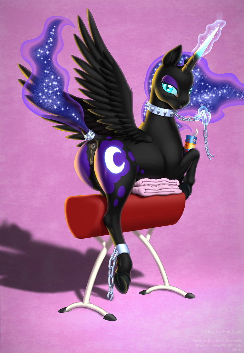 1girls 2016 absurd_res alicorn anatomically_correct anatomically_correct_pussy animal_genitalia animal_pussy anus ass caelacanthe chains collar dark_persona dock equine equine_pussy feathered_wings feathers female feral friendship_is_magic furry glowing half-closed_eyes hi_res hooves horn looking_at_viewer magic mammal my_little_pony nightmare_moon_(mlp) princess_luna_(mlp) pussy shackles solo spiked_collar spikes thick_thighs underhoof wide_hips wings