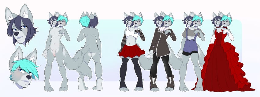 2016 anthro arm_warmers blue_eyes canine clothed clothing conjoined crop_top crossdressing damien_and_camille duo flaccid fur girly hi_res leggings legwear magicalzombie male mammal model_sheet multi_head nude penis red_dress shirt siamese_twins skirt smile