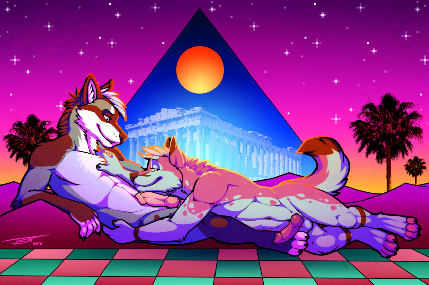 anthro balls captainotter furry knot male neon_grid nude palm_tree romantic_couple tsaiwolf vaporwave yaoi