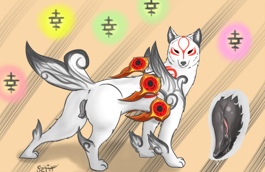 2016 amaterasu animal_genitalia animal_pussy anus ass black_sclera canine canine_pussy capcom close-up deity female feral fur looking_at_viewer mammal markings nintendo okami pussy pussy_juice quadruped red_fur selixjackal simple_background solo weapon white_fur wolf