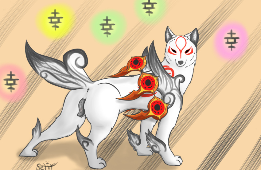 2016 amaterasu animal_genitalia animal_pussy anus ass black_sclera canine canine_pussy deity female feral fur looking_at_viewer mammal markings nintendo okami pussy pussy_juice quadruped red_fur selixjackal simple_background solo white_fur wolf