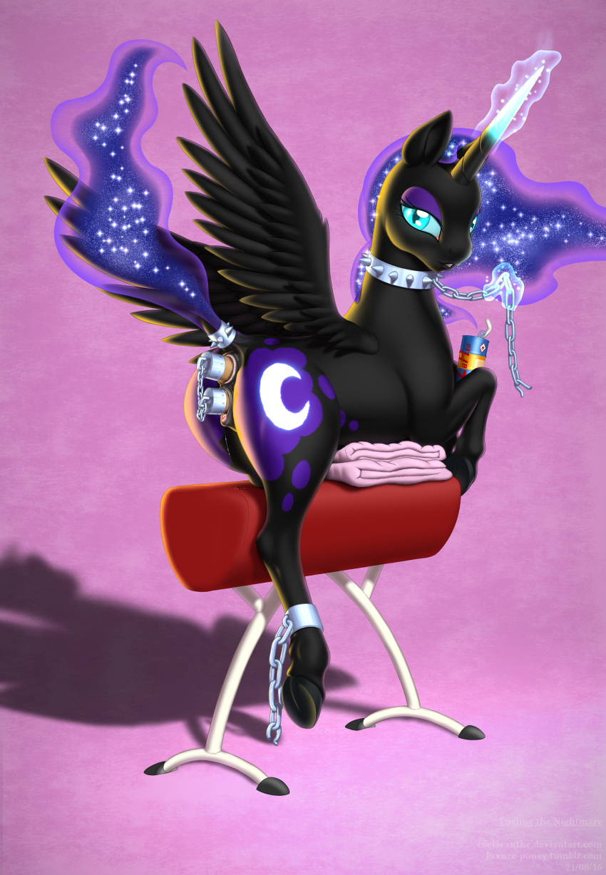 1girls 2016 absurd_res alicorn anal anal_sex anatomically_correct anatomically_correct_pussy animal_genitalia animal_pussy anus ass caelacanthe chains collar dark_persona dock double_penetration equine equine_pussy feathered_wings feathers female feral friendship_is_magic furry glowing half-closed_eyes hi_res hooves horn looking_at_viewer magic mammal my_little_pony nightmare_moon_(mlp) penetration princess_luna_(mlp) pussy shackles solo spiked_collar spikes thick_thighs underhoof vaginal_penetration wide_hips wings