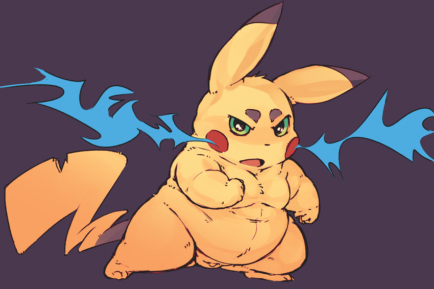 animal_genitalia balls electricity fighting_stance lando looking_at_viewer male_only mammal moobs nintendo nude open_mouth overweight pikachu pokémon_(species) pokemon rodent sheath video_games