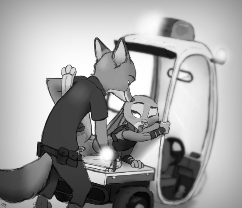 black_and_white canine clothed_sex clothing cop_car disney female fox in_heat judy_hopps lagomorph male mammal monochrome nick_wilde penis rabbit sex sketch zootopia