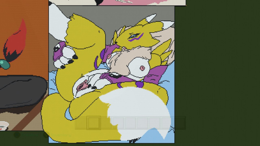 2girls breast chest_tuft crossover digimon female furry masturbation minecraft minecraft_builds nipples pokemon pokemon_(species) pussy renamon screenshot tagme tail zoroark